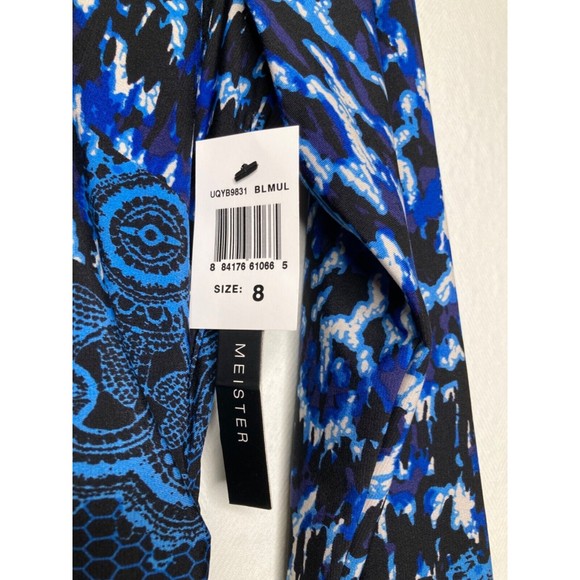 David Meister Dress Blue & Black Leopard Medallion Side Ruching Size 8 NEW - Picture 7 of 12